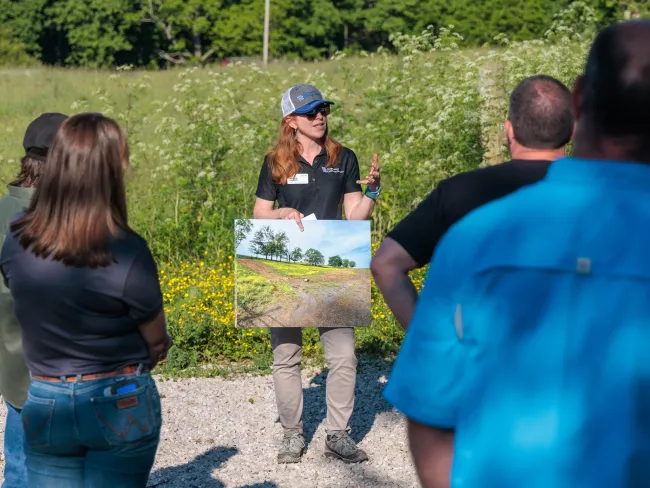 The University of Kentucky College of Agriculture Extension Water Quality Specialist Amanda Gumbert spoke at the field day at Robin Ridge Farm that showcased management practices for local watersheds.