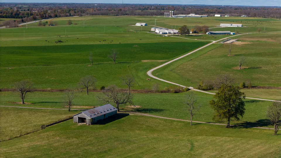 Aerial view of the Swine and Beef Research Units on the C. Oran Little Research Farm.