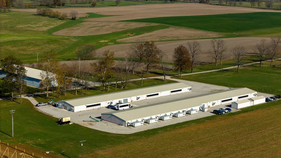 Aerial view of the Poultry Research Unit on the C. Oran Little Research Farm.