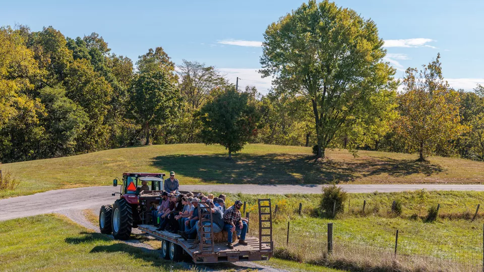 People take a tour of cattle handing facilities at the Eden Shale research farm.