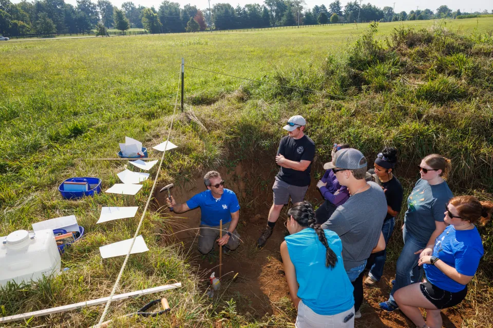 Plant and Soil Science Professor David McNear collected soil samples for students in the AES 320 class at North Farm.